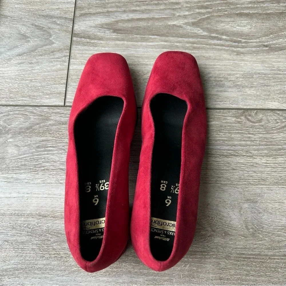 St. Michael Red Faux Suede Square Toe Block Heel Pumps - Picture 6 of 13